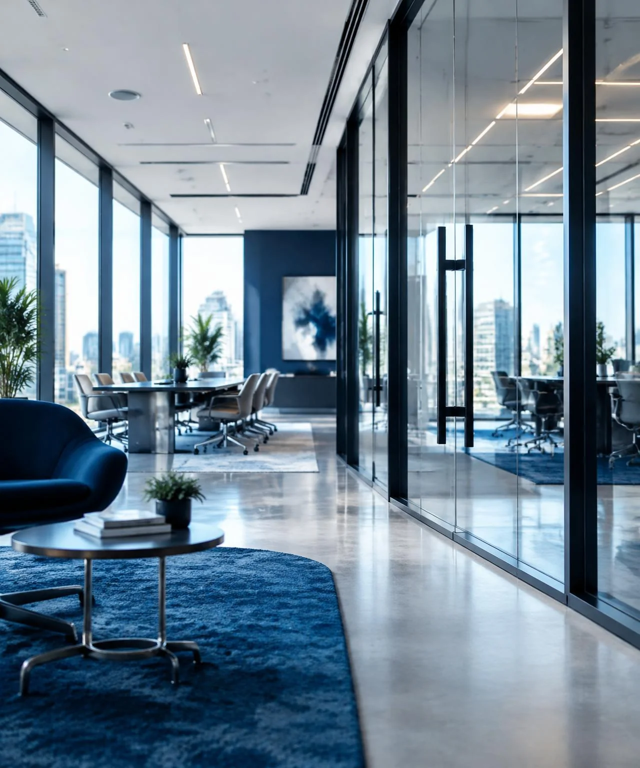Bureaux contemporains lumineux aux parois vitrées, illustration d'un environnement professionnel organisé