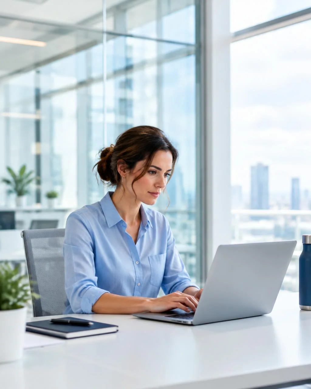 Professionnelle travaillant sur un ordinateur dans un bureau lumineux